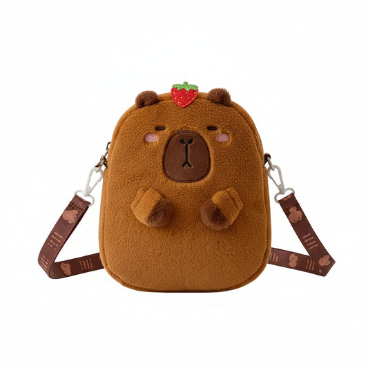 Plush bear-shaped bag with a strap on a white background