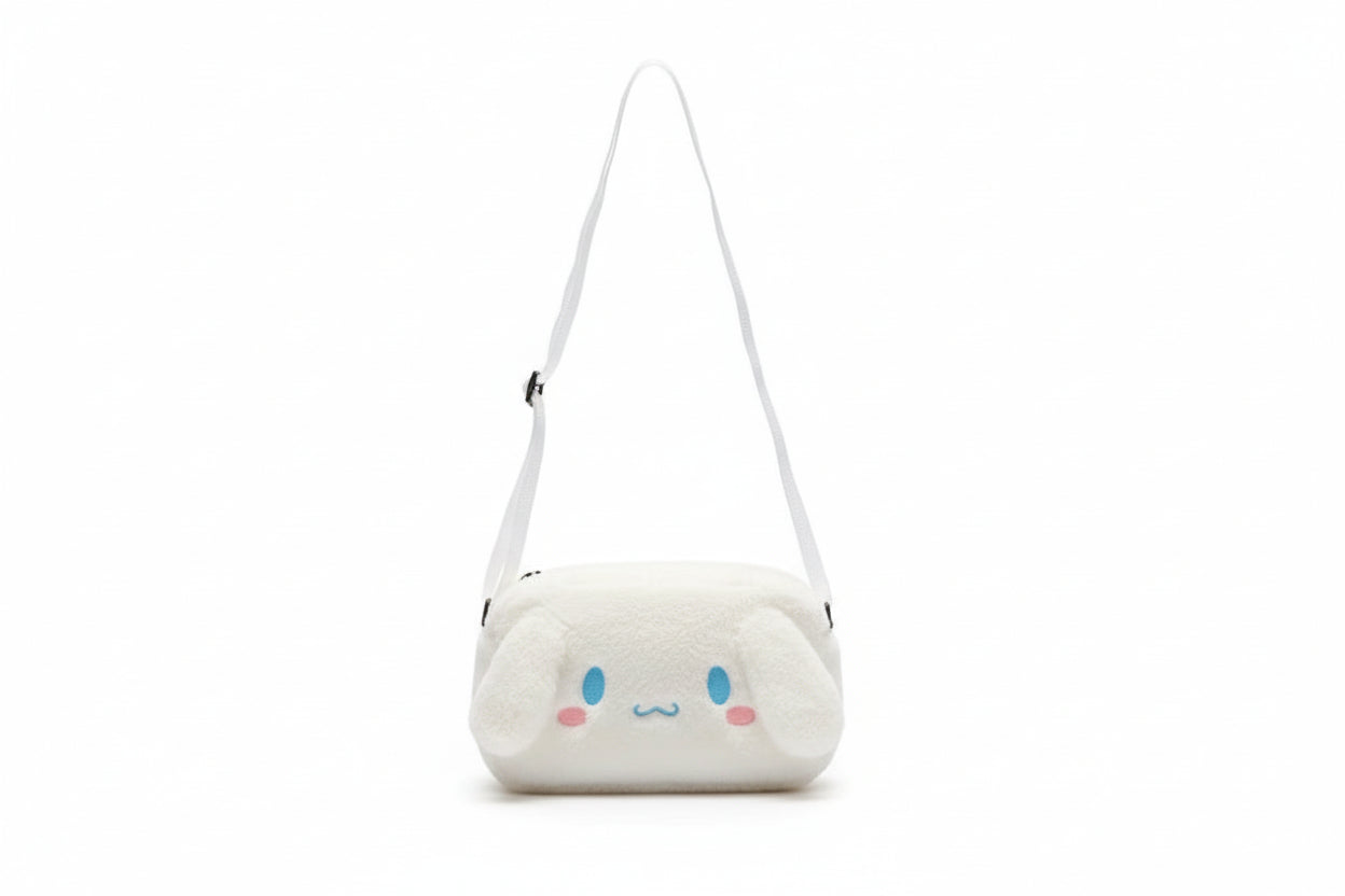 Plush cloud-shaped bag with a face on a white background