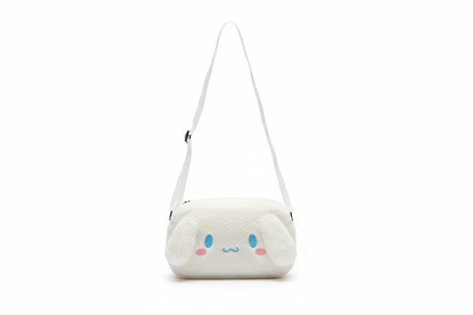 Plush cloud-shaped bag with a face on a white background