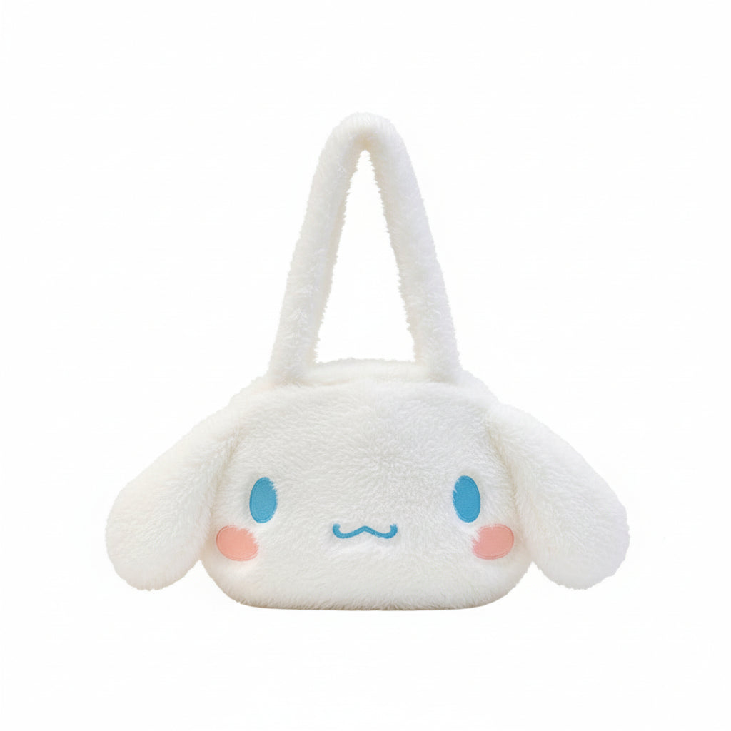 White plush bag with a bunny face design on a white background