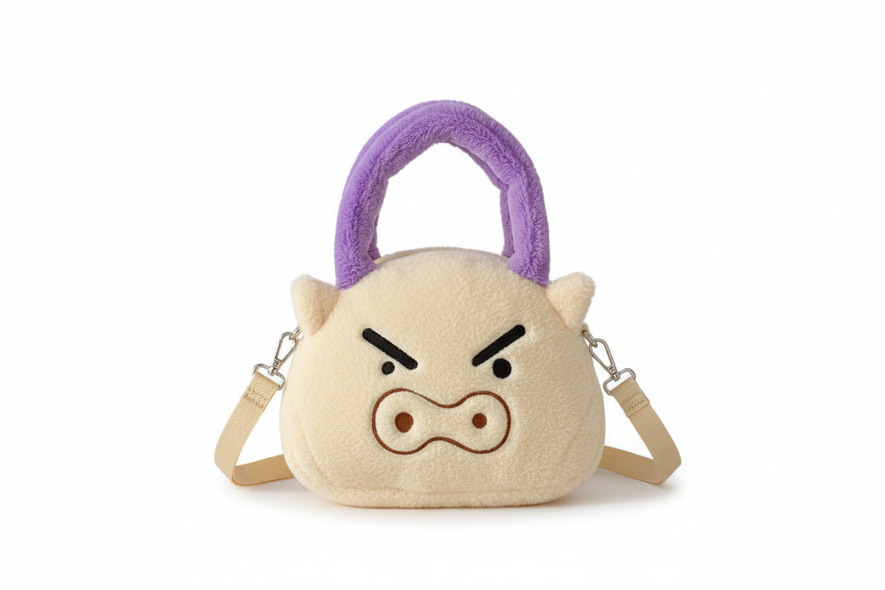 Small plush bag with an angry face design on a white background