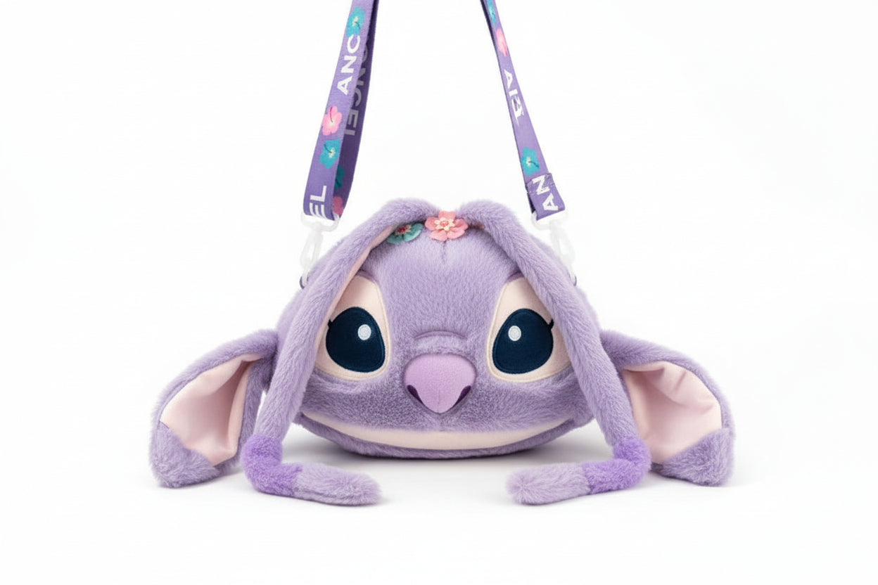 Purple plush bag shaped like a cartoon character with a neutral background