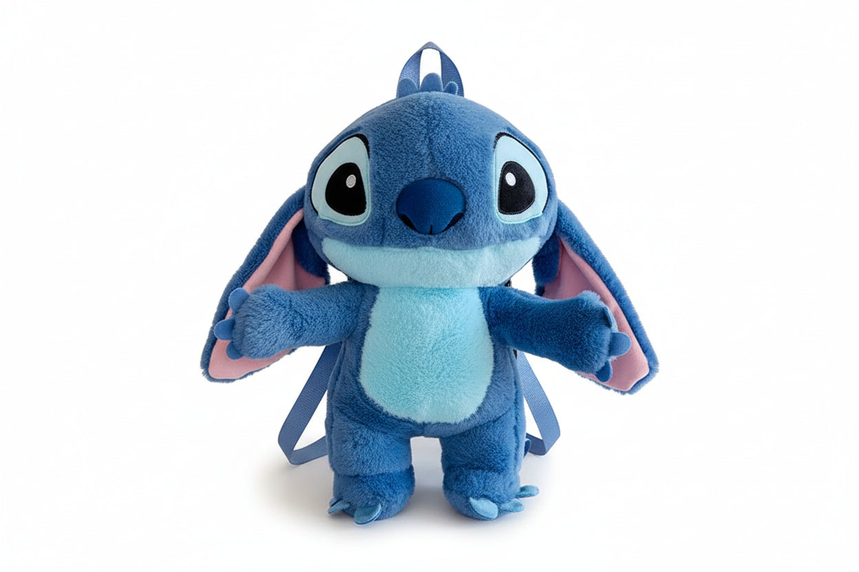 Blue plush backpack with cartoon character on a white background