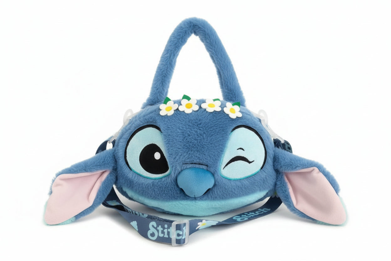 Plush bag shaped like a character with floral headband on a white background