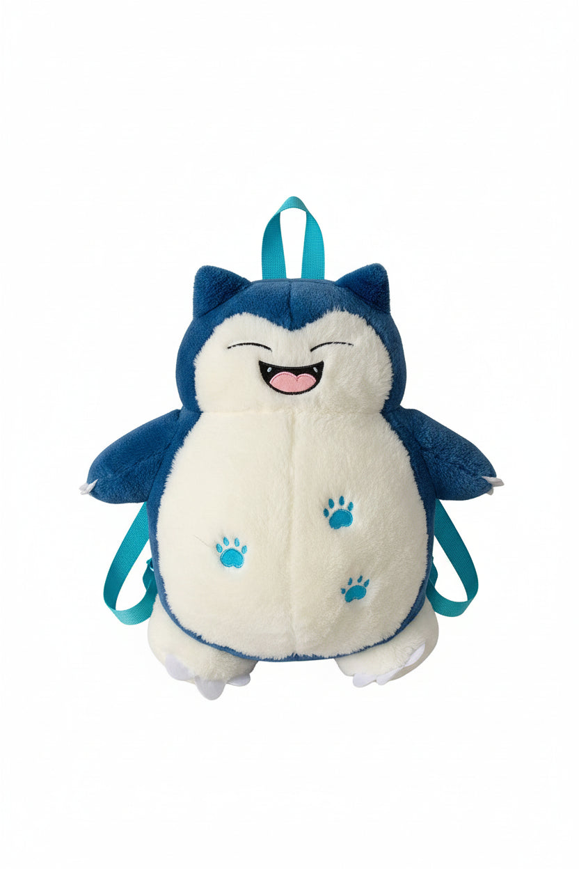 Plush toy resembling a blue and white character with paw prints on a light gray background