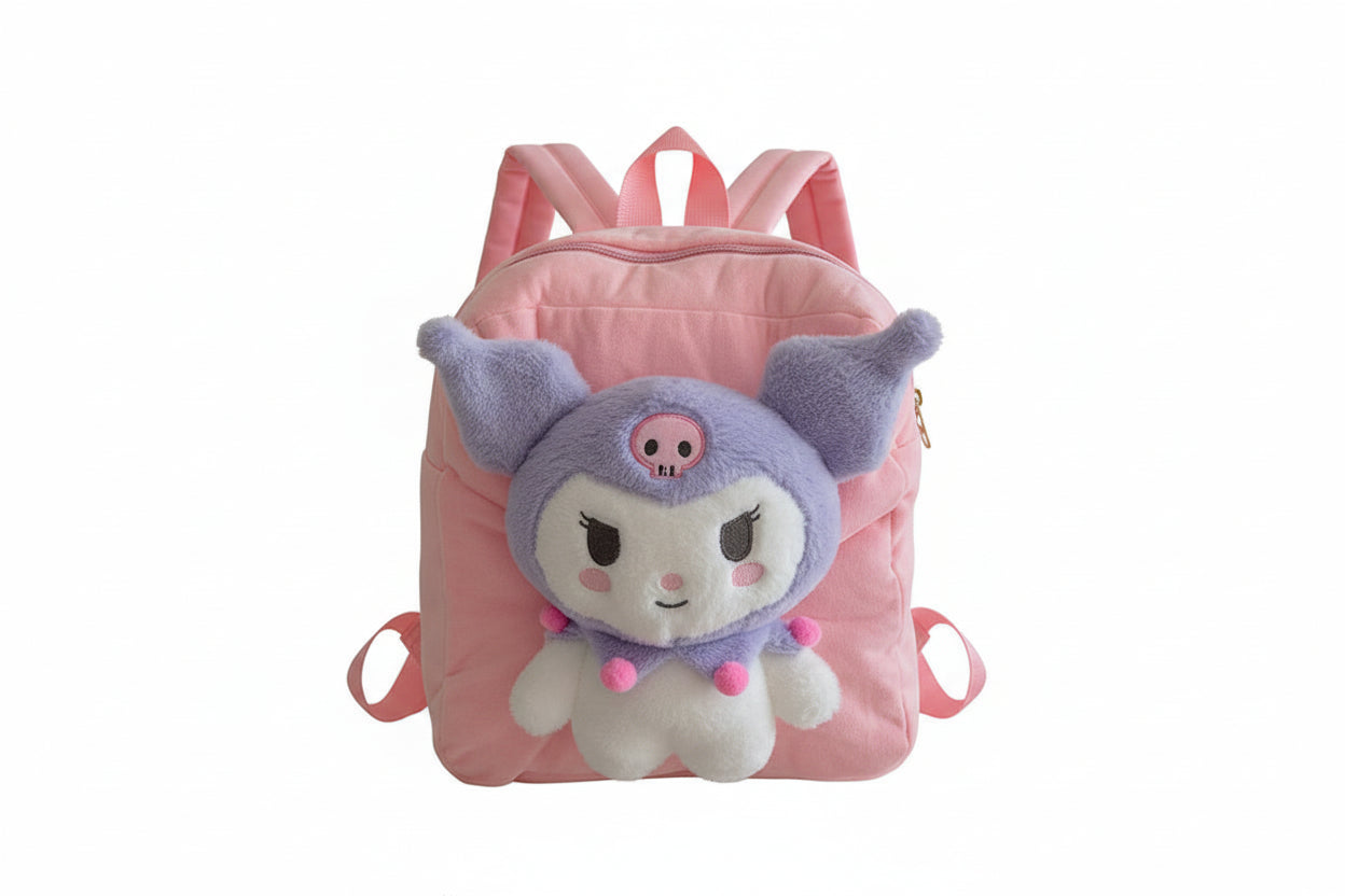 Pink backpack with a cartoon character on a white background