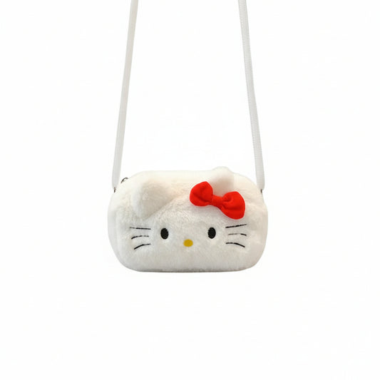 Plush bag shaped like a cat face with a red bow on a white background