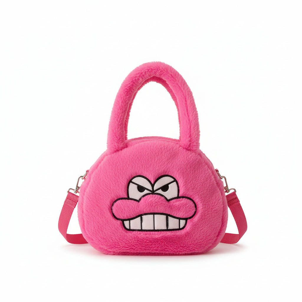 Pink plush bag with a cartoon face design on a white background
