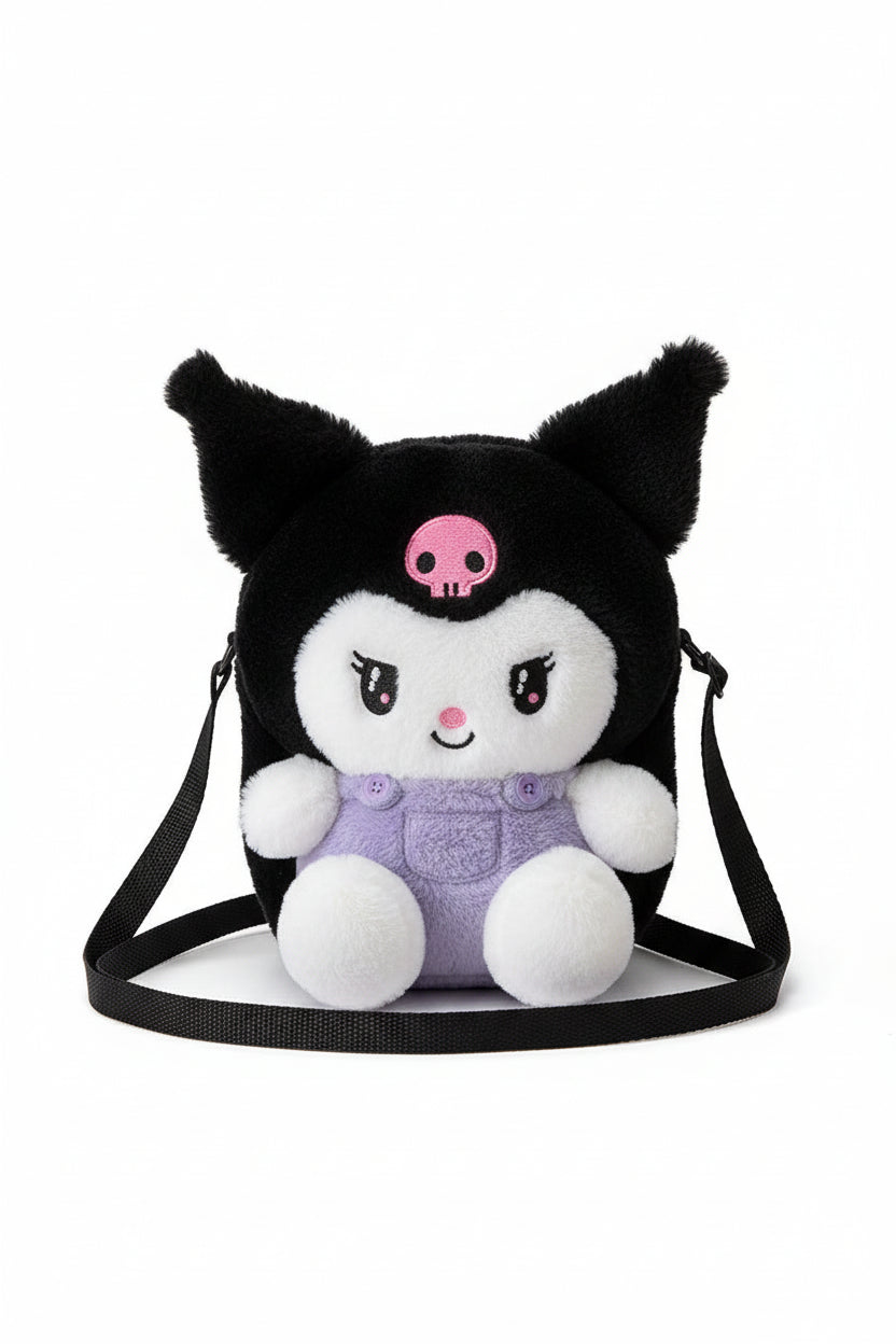 Plush toy with black cat ears and a skull design on a white background