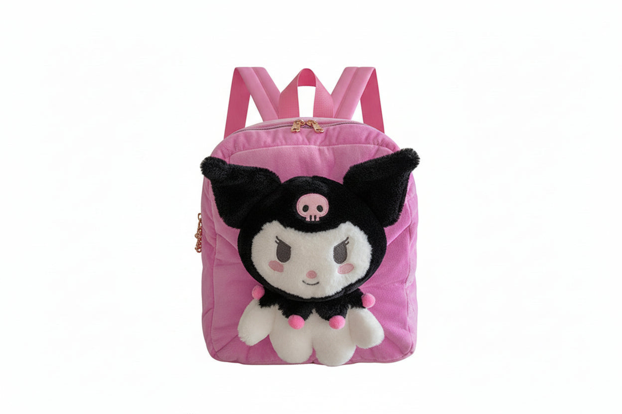 Pink backpack with a cartoon character on a white background