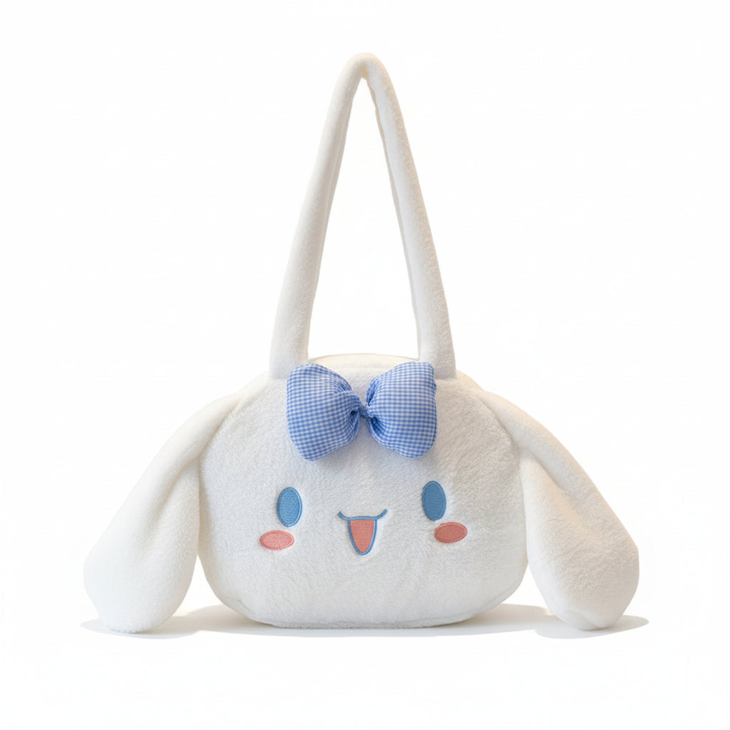 Plush bag with a cartoon face and blue bow on a white background
