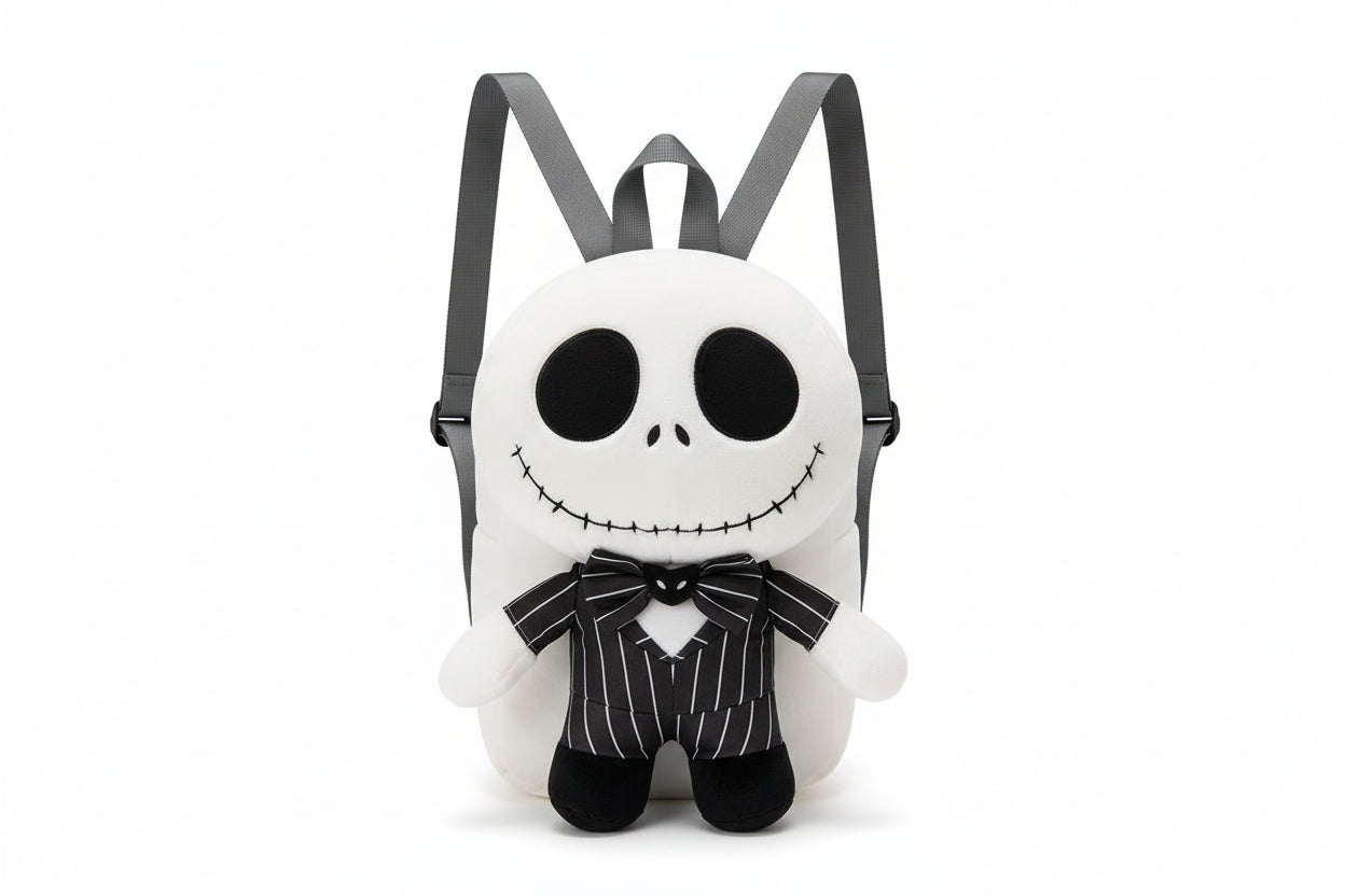 Person wearing a plush backpack shaped like a skeleton with a bow tie.