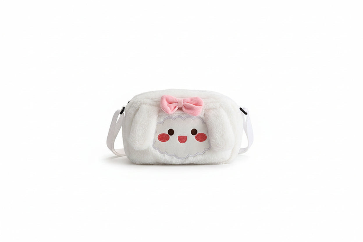 Plush bag with a cartoon face and pink bow on a white background
