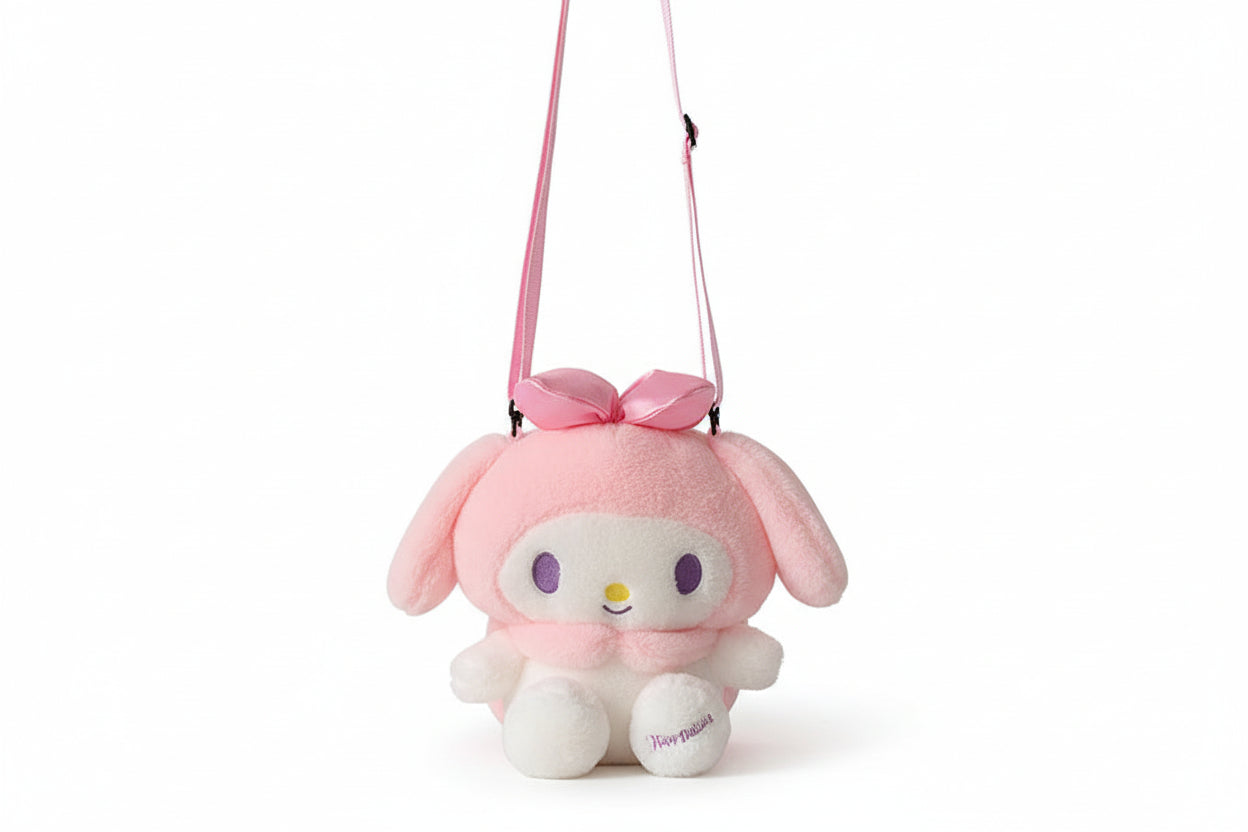 Pink plush character with a bow on a white background