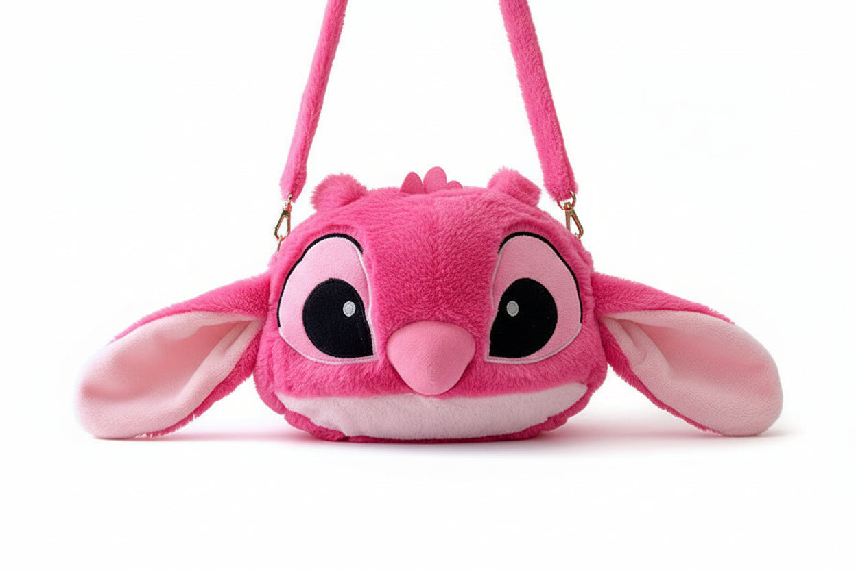 Person wearing a pink plush bag with cartoon character 