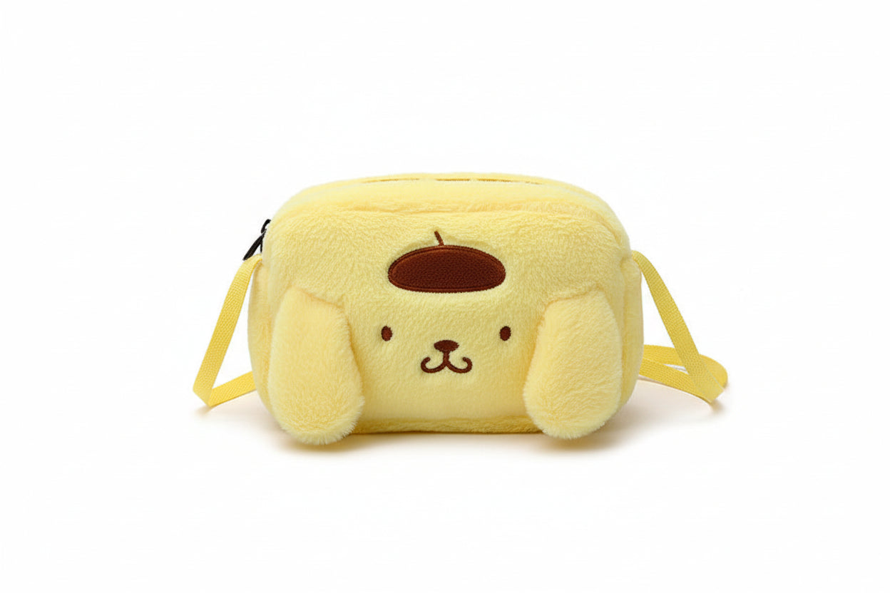 Yellow plush bag shaped like a dog on a white background