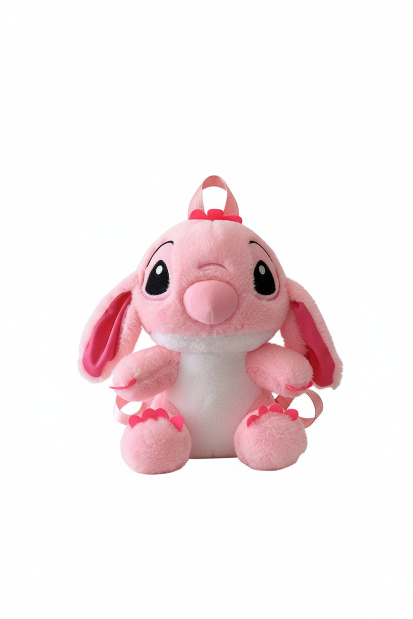 Pink plush toy with a white belly on a light gray background