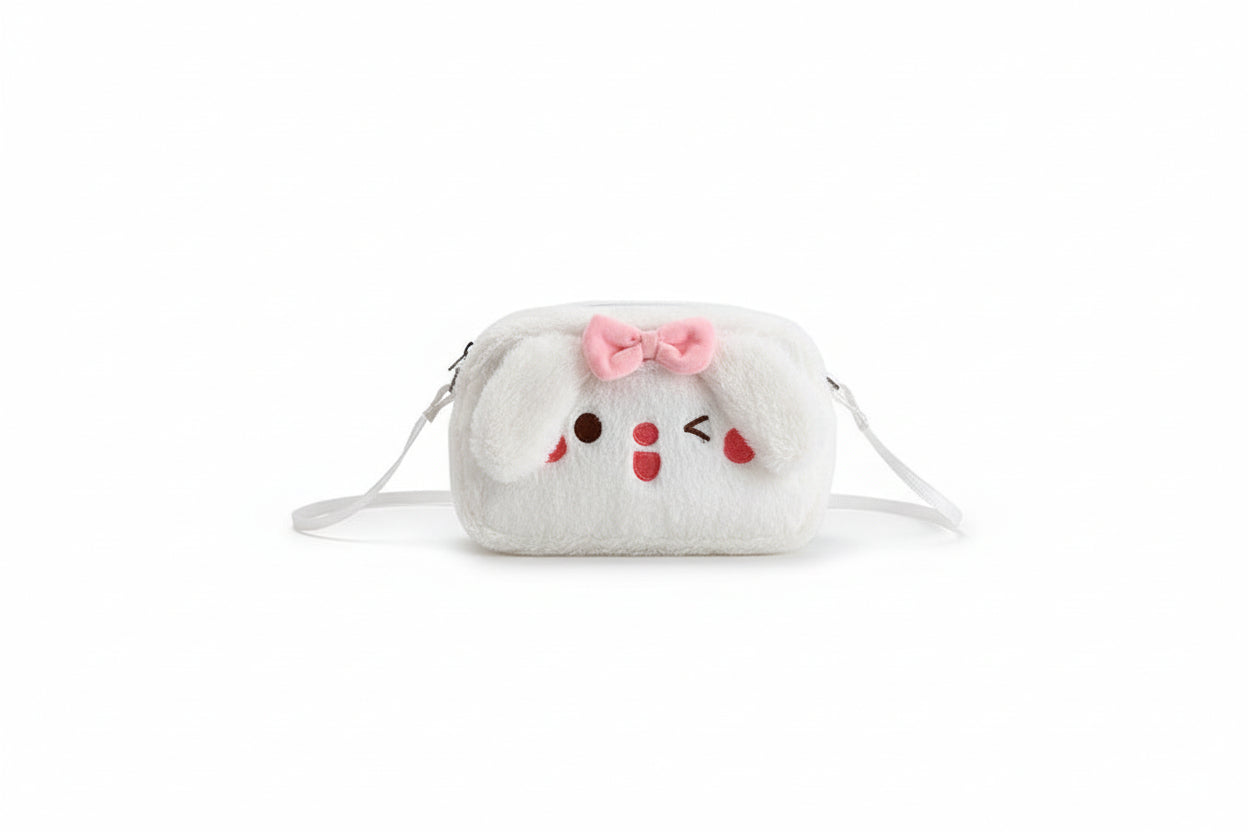 Plush pouch with cartoon face and bow on a white background