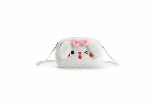 Plush pouch with cartoon face and bow on a white background