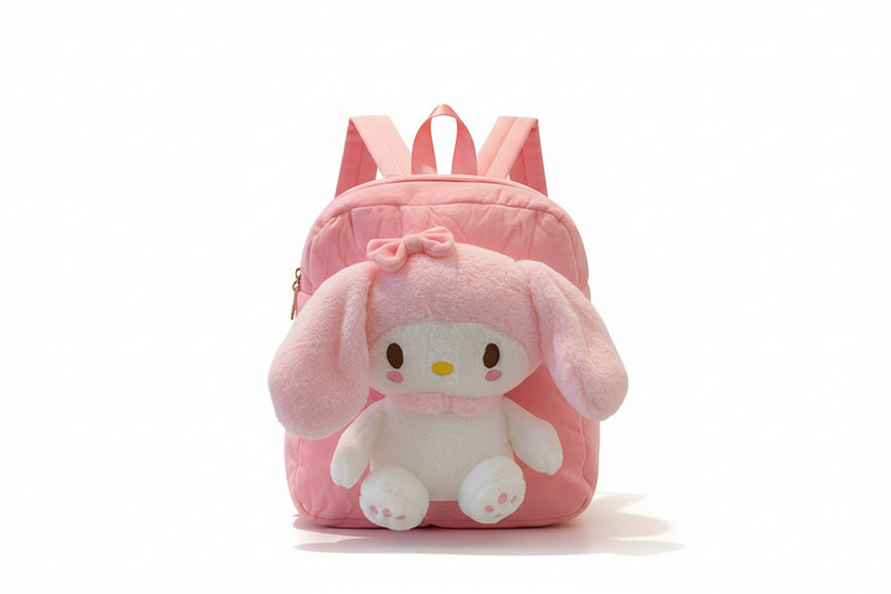 Pink backpack with a cartoon character on a white background