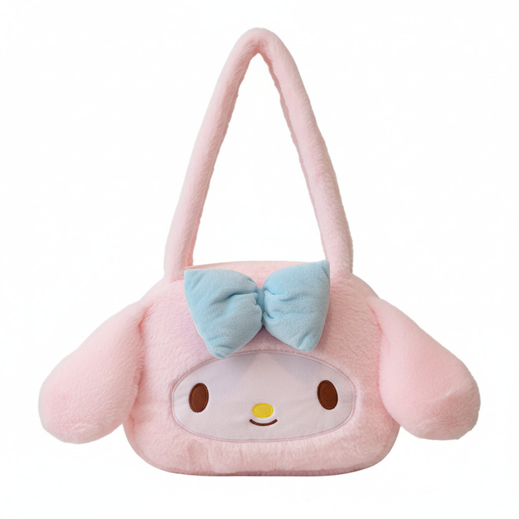 Person holding a pink plush backpack with bunny ears and a bow tie.