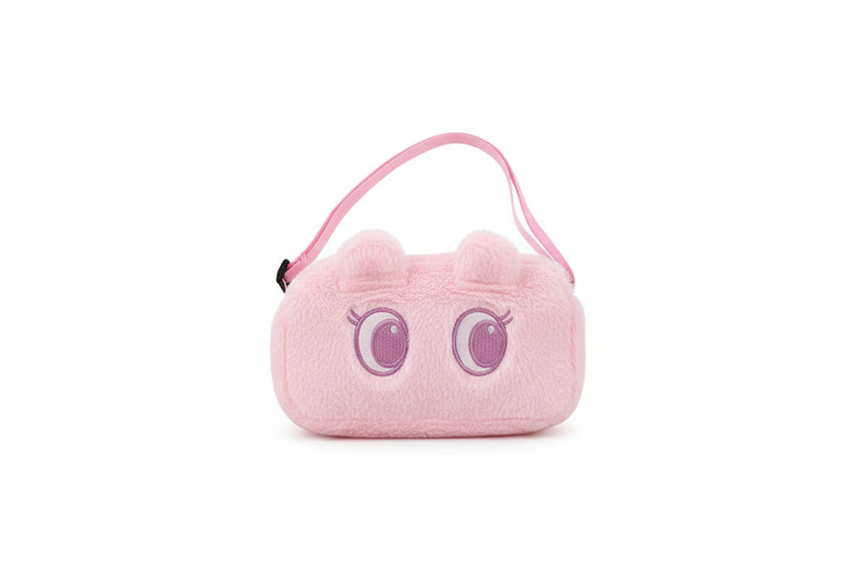 Pink plush bag with cartoon face design on a white background