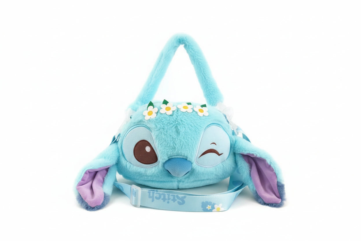 Plush toy resembling a character with a strap on a white background