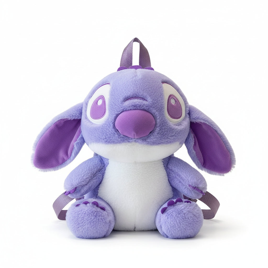 Plush backpack shaped like a purple cartoon character on a white background
