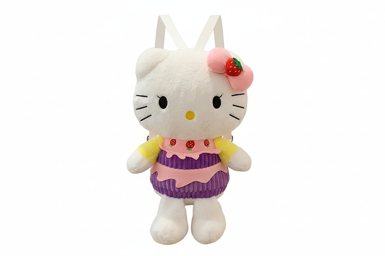 Plush toy resembling a character with a pink dress and strawberry on a white background