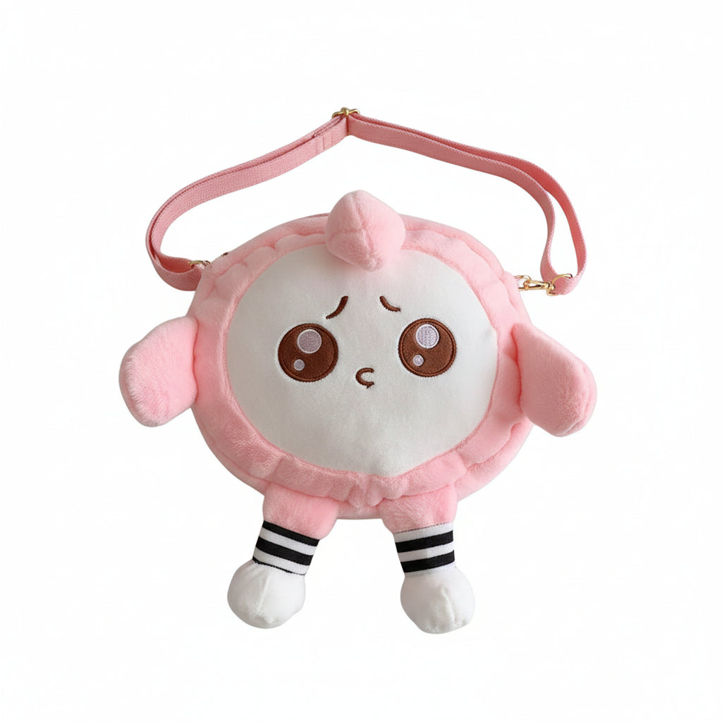 Pink plush backpack with a cartoon face on a white background